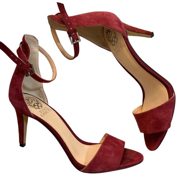 VINCE CAMUTO Court Suede Open Toe Ankle Strap Heels Chianti - Picture 5 of 11